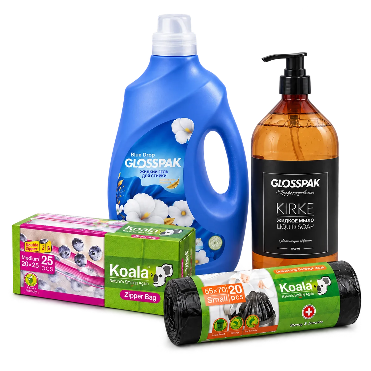محصولات Koala و Glosspak: کیسه‌های زیپی، کیسه‌های زباله، صابون مایع و ژل لباسشویی